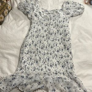 PinkBlush Lina Ruched Fitted Blue and White Floral Maternity Dress, Size L